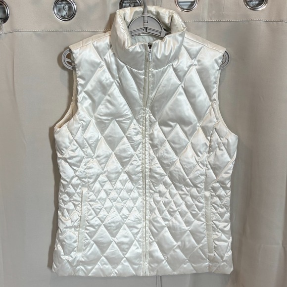 Lands' End Jackets & Blazers - Lands End Jacket Vest Large Goose Down Quilted White Zip Satin Sleeveless 18627x